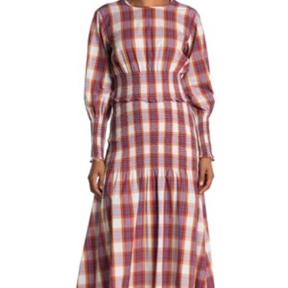 Something Navy Blanche Smocked Plaid Midi Dress - M